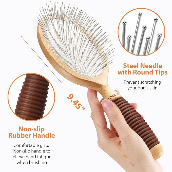 Dog Brush, Pin Brush for Dogs, 27mm Extra Long Pin Brush, Dog Grooming Brush for Shedding, Dog Brush for Long Haired Dogs - Beech Wood Material, Non-Slip Rubber Handle, Round-Tipped Pins