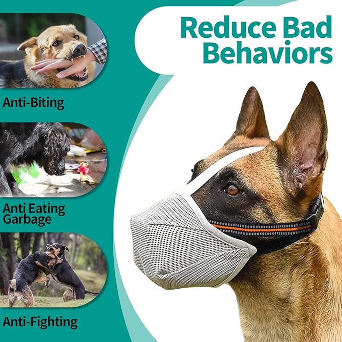 Dog Muzzle - Soft Mesh Muzzle for Small Medium Large Dogs Labrador German Shepherd - Adjustable Puppy Muzzles for Scavenging Biting Licking and Chewing - Allows Panting and Drinking (GreyXL)