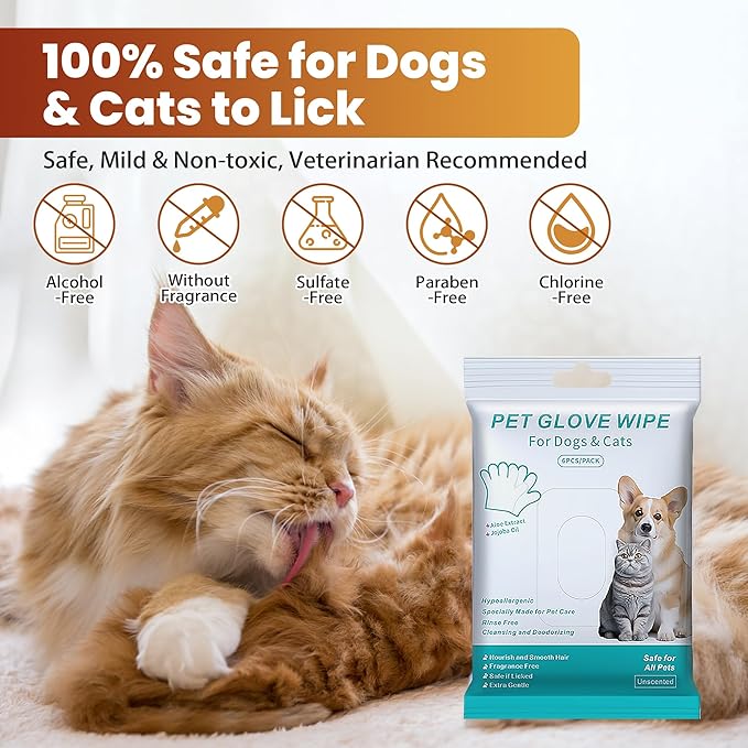 Pet Glove Wipes for Dogs Cats, Dog Cleaning Gloves, Dog Wipes Cleaning Deodorizing, Pet Wipes for Dogs Cats, Extra Thick, Unscented Rinse Free Nourish Fur Glove Wipes for Daily Care and Traveling-6pcs