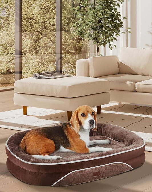 OhGeni Orthopedic Dog Bed for Large Dogs, Dog Couch Design with Egg Foam Support, Removable, Machine Washable Plush Cover and Non-Slip Bottom with Four Sided Bolster Cushion (Brown)