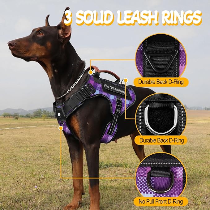 Tactical Dog Harness - HEYCAHVA Service Dog Vest Full Metal Buckles Dog Vest for Medium Large Dog Reflective No Pull Dog Harnesses Vest with Leather Handle, Hook & Loop for Hiking Training (Purple, M)