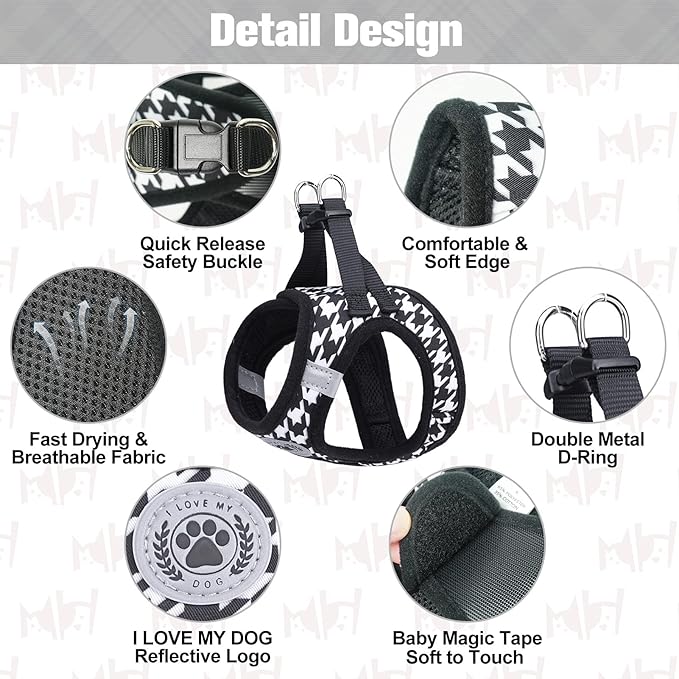 BEAUTYZOO Small Dog Harness and Leash Set,Step in No Chock No Pull Soft Mesh Dog Harnesses Reflective for Extra-Small/Small Medium Puppy Dogs and Cats, Plaid Dog Vest Harness for XS S Pets, Black XS