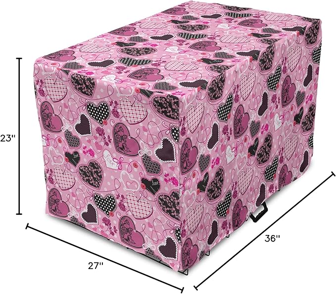 Lunarable Hearts Dog Crate Cover, Sewing Themed Love with Polka Dots Valentine's Day Inspired Image, Easy to Use Pet Kennel Cover for Medium Large Dogs, 36 Inch, Pink Black White
