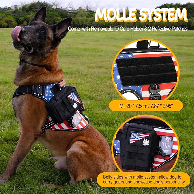 Service Dog Vest - HEYCAHVA Tactical Dog Harness Full Metal Buckles Dog Vest for Large Medium Dog Reflective No Pull Dog Harnesses with Leather Handle, Hook & Loop for Hiking Training (Flag, M)