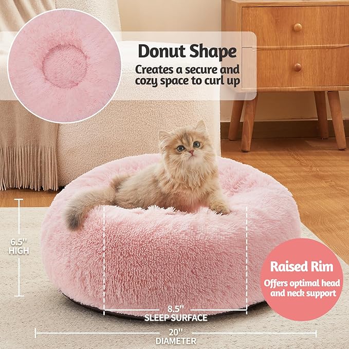 OhGeni Calming Donut Cat Beds For Indoor Cats, Machine Washable Plush Warming Bed For Kitten & Puppy, Anti-Slip Round Cuddle Comfort Pet Bed, Cozy Fluffy Fur Bed for Small Cats & Dogs, Pink, 20 inches