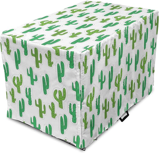 Lunarable Cactus Print Dog Crate Cover, Hand Drawn Cutout Style Cactus Plants Warm Climate Botany with Thorns, Easy to Use Pet Kennel Cover for Small Dogs Puppies Kittens, 22 Inch, White Lime Green