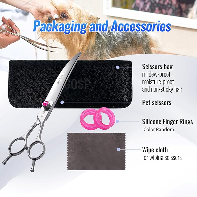 Curved Dog Grooming Scissors 7.5 inch Professional Curved Shears Dog Grooming for Poodle Large Dog Pet 30 Degree Japanese 440C Right Handed Super Sharp Purple Diamond(7.5,Curved)