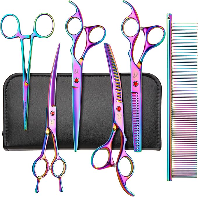 Dog Grooming Scissors,Rainbow Curved Chunkers Shears with Safety Round Tips,Sharp and Durable 6 in 1 Dog Scissors for Grooming