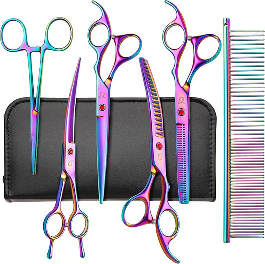 Dog Grooming Scissors,Rainbow Curved Chunkers Shears with Safety Round Tips,Sharp and Durable 6 in 1 Dog Scissors for Grooming