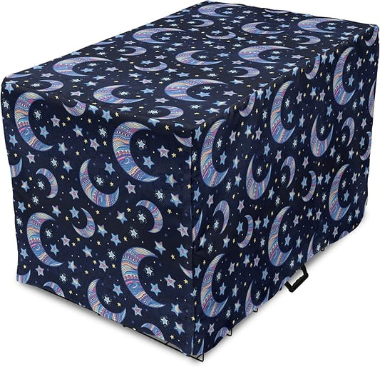 Lunarable Bohemian Stars Dog Crate Cover, Crescent Moon and Night Sky Elements Motif Curvy Background, Easy to Use Pet Kennel Cover for Medium Large Dogs, 36 Inch, Pink Blue