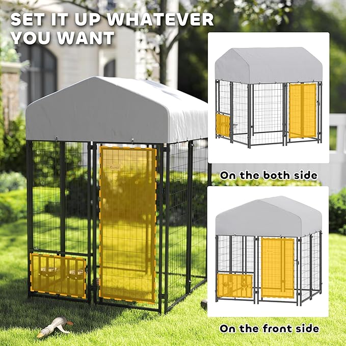 PawHut 3.9' x 3.9' x 4.5' Outdoor Dog Kennel, Welded Wire Heavy Duty Dog Run with 360° Rotating & 4 Level Adjustable Bowls, Dog Kennel Outside with Waterproof & UV Resistant Cover, for S&M Dogs