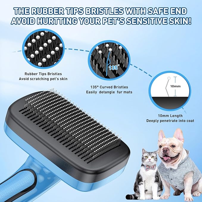 Dog Brush for Shedding, Self-Cleaning Slicker, 3 PCS Kit with Bath Brush & Comb, Perfect for Short & Long Haired Pets, Removes Mats, Tangles, Fur, Gentle on Skin, Ideal for All Dogs. Blue