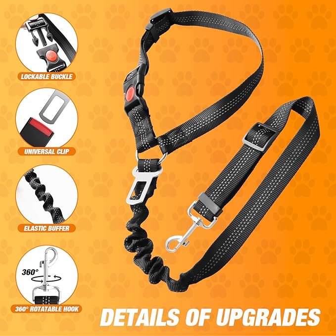 Dog Seat Belt, Adjustable Reflective Dog Car Seatbelt Leash, Elastic Bungee Buffer Heavy Duty Nylon Dog Harness for Travel Riding