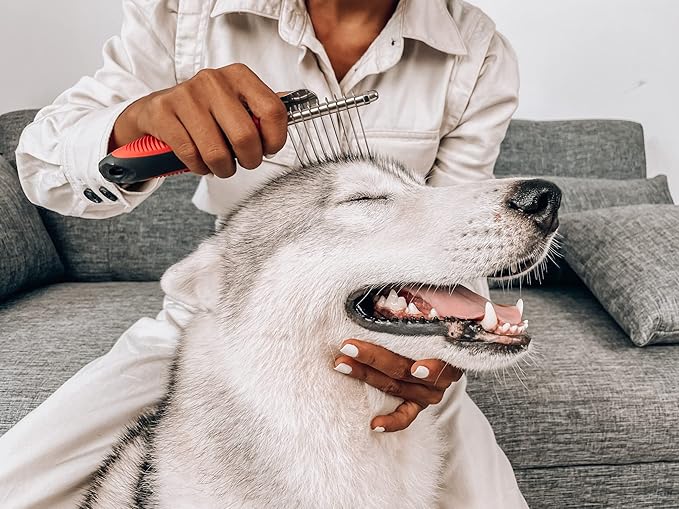 Dematting Comb For Dogs & Cats – Detangling Brush Tool For Dogs Easily & Safely Remove Dead, Matted Or Knotted Hair | Ergonomic, No-Slip Safety Handle Provides Precision Control