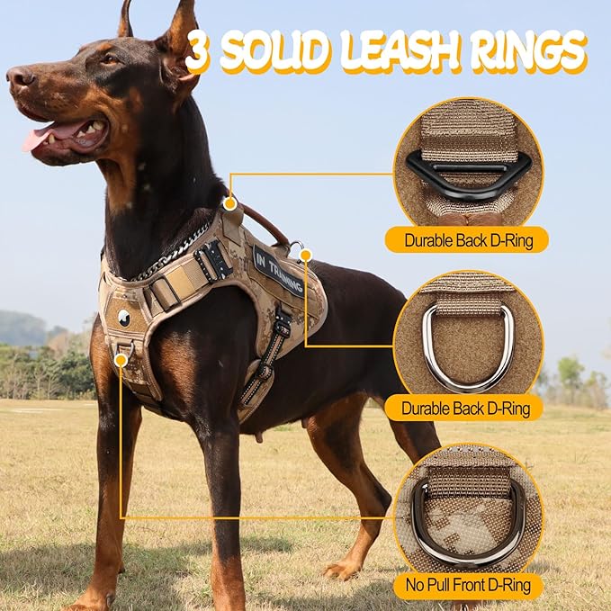 Service Dog Vest - HEYCAHVA Tactical Dog Harness Full Metal Buckles Dog Vest for Large Medium Dog Reflective No Pull Dog Harness with Leather Handle, Hook & Loop for Hiking Training (Desert Camo, XL)