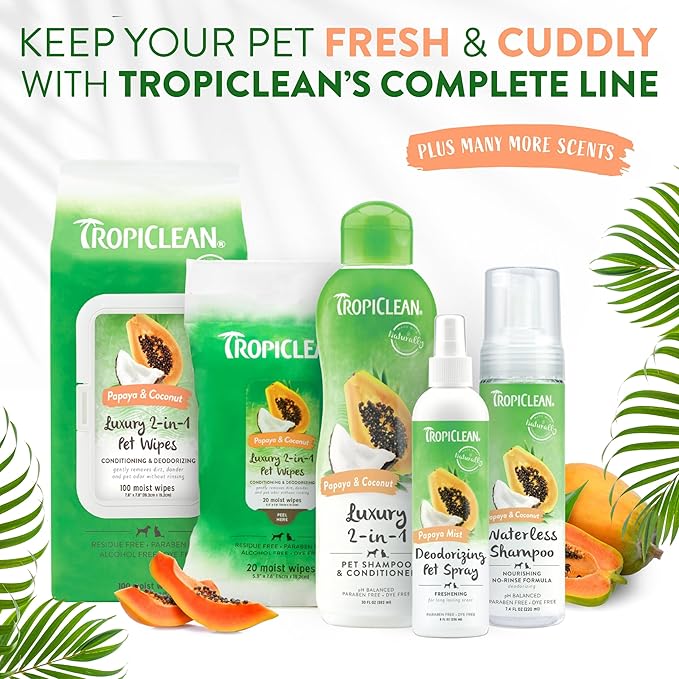 TropiClean Dog Wipes for Paws, Butt, Face, and Body, Anytime Cleaning and Deodorizing Pet Wipes, Safe for Licking, Papaya Scent, Cat Safe, 20ct
