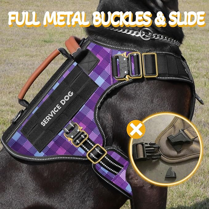Tactical Dog Harness - HEYCAHVA Service Dog Vest Full Metal Buckles Dog Vest for Medium Large Dog Reflective No Pull Dog Harnesses Vest with Leather Handle, Hook & Loop for Hiking Training (Purple, M)