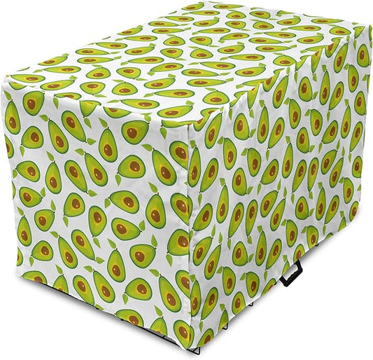 Lunarable Avocado Dog Crate Cover, Pattern of Sliced Healthy Fruits Scattered, Easy to Use Pet Kennel Cover for Cats & Medium Dogs, 24 Inch, Lime Green White Brown