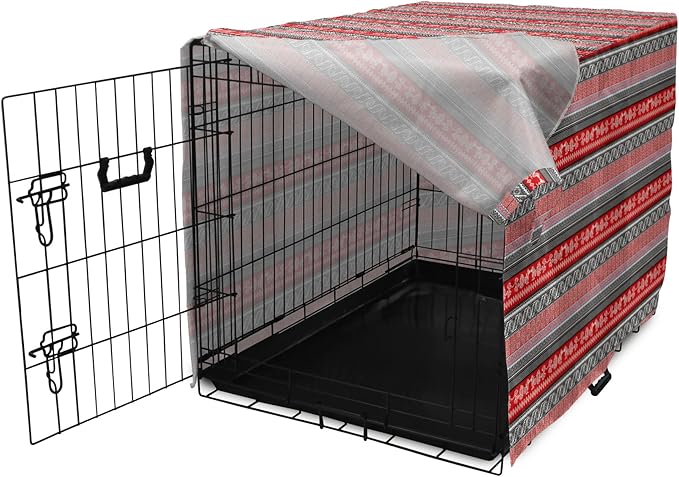 Lunarable Aztec Dog Crate Cover, Bird Motifs Abstract Indigenous Style Squares Latin American Inspired, Easy to Use Pet Kennel Cover for Small Dogs Puppies Kittens, 22 Inch, Red Black White