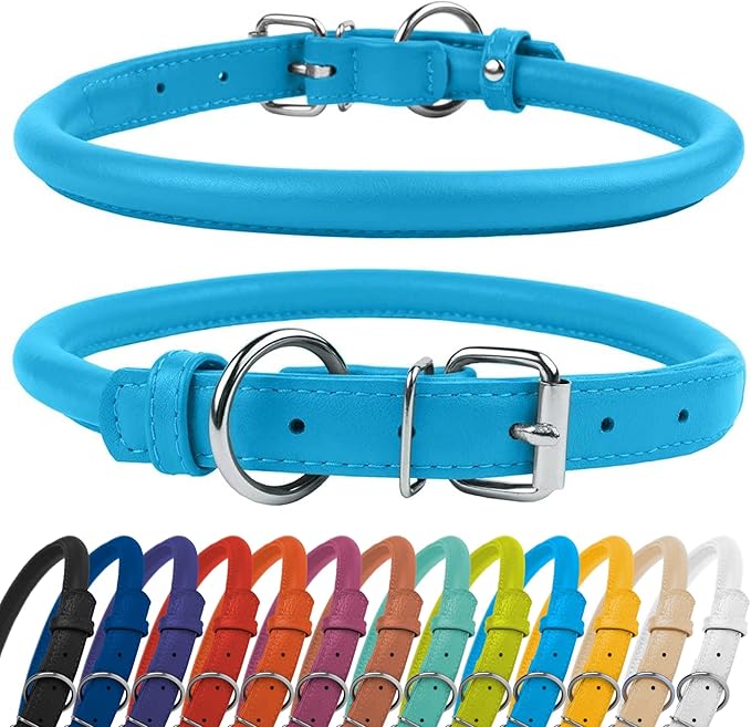 CollarDirect Rolled Leather Dog Collar, Soft Padded Round Puppy Collar, Handmade Genuine Leather Collar Dog Small Large Cat Collars 13 Colors (6-7 Inch, Light Blue Textured)