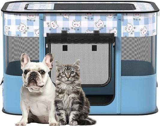 Portable Pet Playpen Cat Cages Indoor, 35.4" L x 27.6" W x 23.6" H Collapsible Dog Crates Made of 600D Oxford Material Tent Kennel Playpen for Dogs Cat and Rabbit Travel Dog Playpen Indoor (L, Blue)