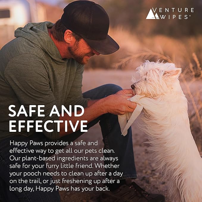 Venture Wipes Happy Paws - Natural Pet Wipes for Dogs and Cats - Biodegradable Grooming Wipes for Paws, Eyes, Ears, and More - Large Cleansing Cloths for Pet Care Essentials (Pull Pack - 40 Count)