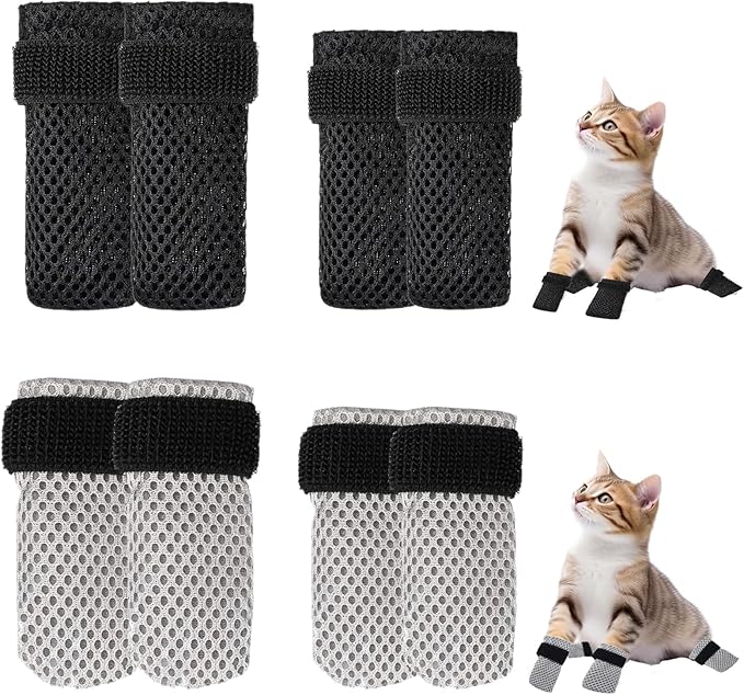 4 Pack Breathable Cat Shoes to Prevent Scratcning, Adjustable Only Cats Booties Mittens Socks (Black, M)