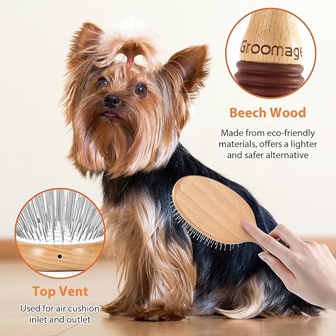 Dog Brush, Pin Brush for Dogs, 27mm Extra Long Pin Brush, Dog Grooming Brush for Shedding, Dog Brush for Long Haired Dogs - Beech Wood Material, Non-Slip Rubber Handle, Round-Tipped Pins
