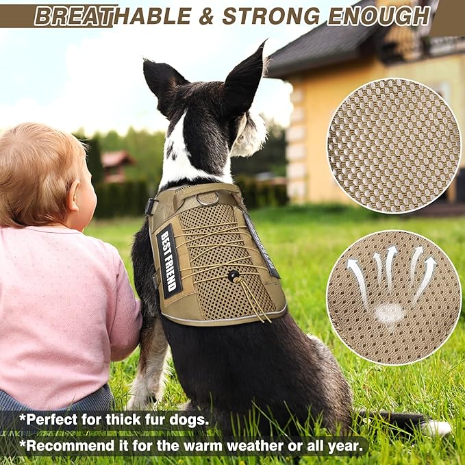 WINSEE Mesh Design Service Dog in Training Harness with 7 Pet Patches, Breathable Tactical No Pull Dog Molle Vest with Handle for Large Dog, Military Dog Harness for Walking Hiking