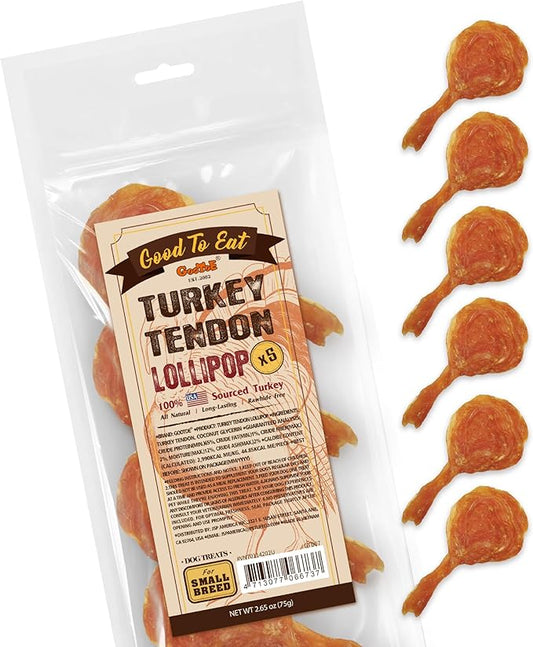 Gootoe Turkey Tendon Dog Treats, Lollipop (S) 6 Pieces per Pack, 100% USA Sourced Turkey, Natural Snack, Premium Puppy Chews, Hypoallergenic, Reseal Value Bags, Size for Small Dogs