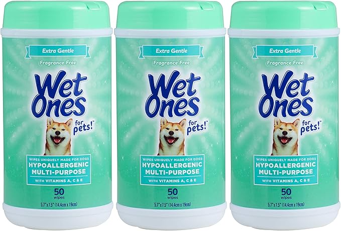 Wet Ones for Pets Multi-Purpose Dog Wipes with Vitamins A, C & E | Fragrance-Free Dog Wipes for All Dogs Wipes Multipurpose | 50 Count Canister - 3 Pack