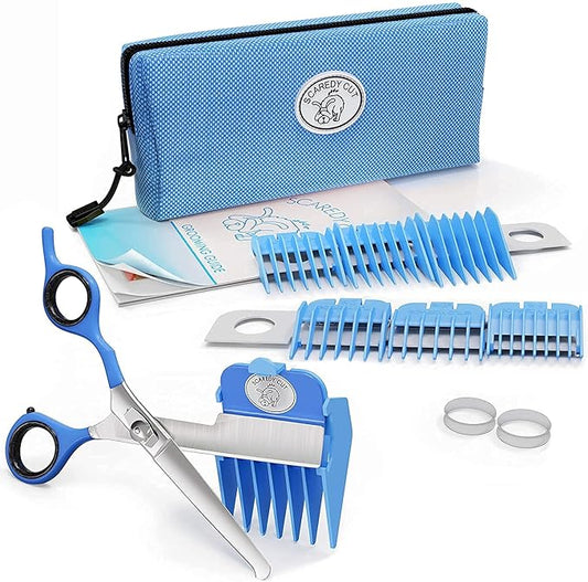 SCAREDY CUT Silent Pet Grooming Kit for Dog, Cat and All Pet Grooming - A Quiet Alternative to Electric Clippers for Sensitive Pets (Left-Handed Blue)