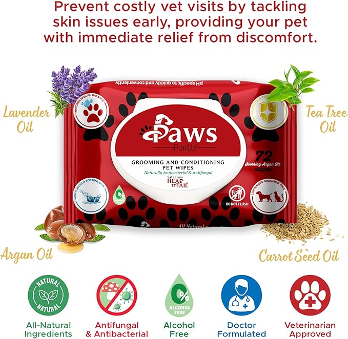 PawsFurUs® All-Natural Pet Wipes for Dogs & Cats - Doctor-Formulated for Total Pet Care with Antifungal & Antibacterial Protection, pH Balancing, Moisturizing, Deodorizing & Fast Itch Relief - 72ct.
