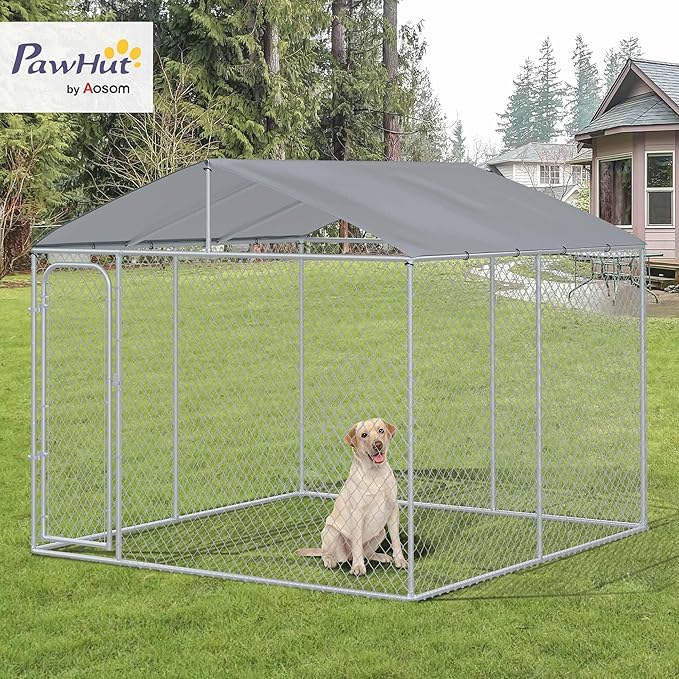 PawHut Large Dog Kennel Outside, Heavy Duty Dog Cage with Waterproof Cover, Outdoor Fence Dog Run with Galvanized Chain Link, Secure Lock, 9.8' x 9.8' x 7.7'