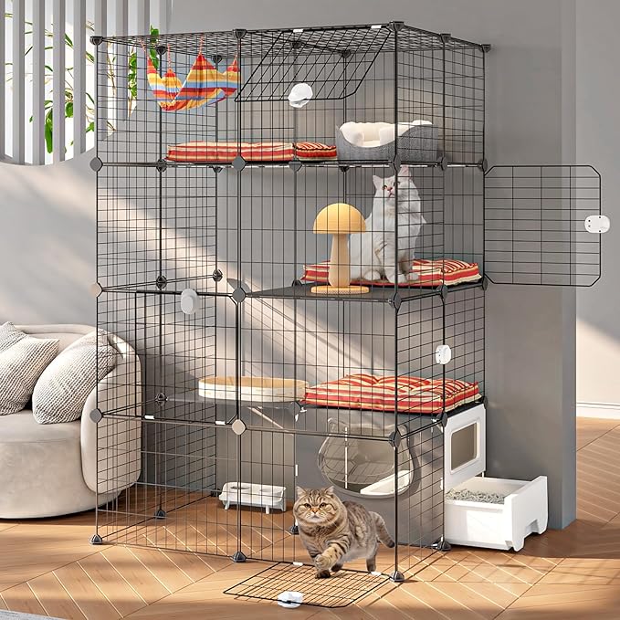 Oneluck Cat Cage with Litter Box, 4-Tier DIY Enclosures Detachable Metal Wire Kennel Indoor Crate Large Exercise Place Ideal for 1-2 Cats