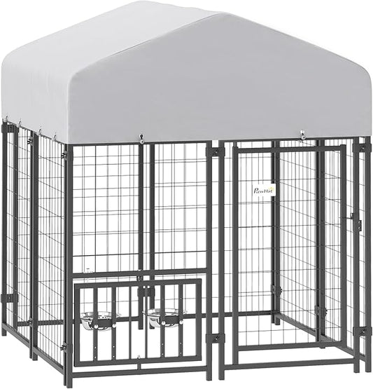 PawHut 3.9' x 3.9' x 4.5' Outdoor Dog Kennel, Welded Wire Heavy Duty Dog Run with 360° Rotating & 4 Level Adjustable Bowls, Dog Kennel Outside with Waterproof & UV Resistant Cover, for S&M Dogs