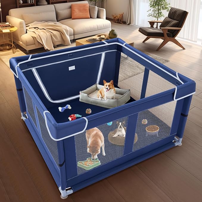 42x42x25.6 Inches Puppy Playpen with Gate, Dog Playpen for Puppies or Small Dogs, DogFence Pet Playpen for Indoor & Outdoor, Sturdy Safety DogPen with Thickened Fabric, High-Strength Nylon Wire Mesh