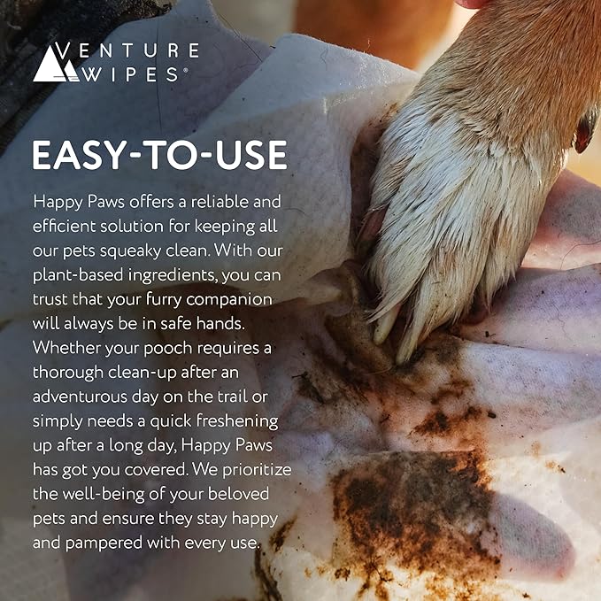 Venture Wipes Happy Paws - Natural Pet Wipes for Dogs and Cats - Biodegradable Grooming Wipes for Paws, Eyes, Ears, and More - Large Cleansing Cloths for Pet Care Essentials (Pull Pack - 40 Count)