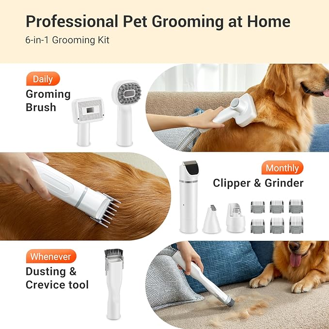 uwant Pet Hair Vacuum & Grooming Kit - 13000 Pa Strong Suction, Large Capacity, Whisper-Quiet Operation with 6 Grooming Tools, Ideal for Shedding