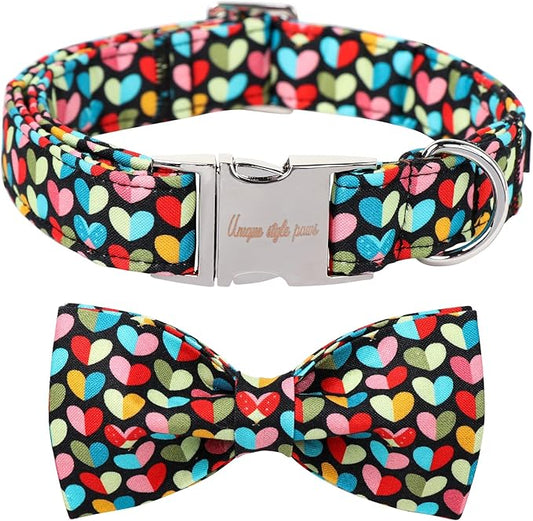 Unique Style Paws Valentine's Day Dog Collar with Bow Colorful Heart Love Dog Collars for Small Medium Large Dog New (L, Heart Bow)