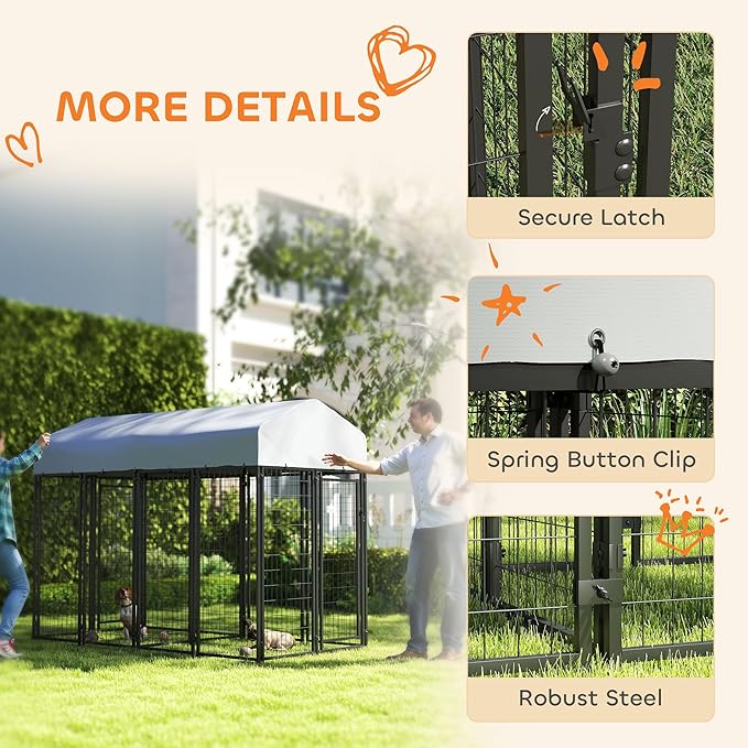 PawHut Outdoor Dog Kennel with 2 Rooms, 8' x 4' x 6' Heavy Duty Welded Wire Dog Playpen Enclosure with Escape-Proof Lock, UV-Resistant & Waterproof Cover, for Large Dogs, Silver