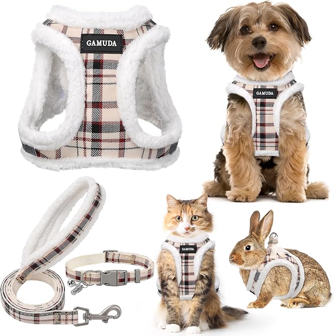 GAMUDA Small Dog Harness Collar and Leash Set, Step in No Chock No Pull Soft Mesh Adjustable Dog Vest Harnesses Plaid Reflective for Dogs Puppy Cats Kitten Rabbit (Warm Beige, XXXS)