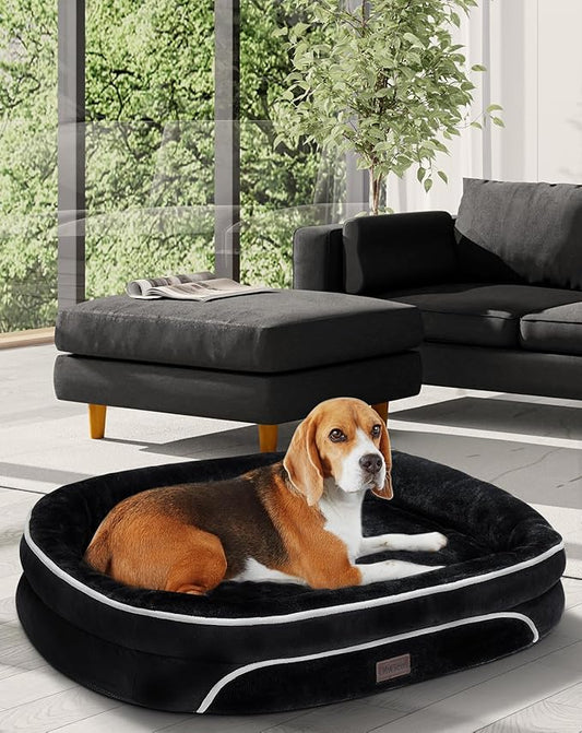 OhGeni Orthopedic Dog Bed for Large Dogs, Dog Couch Design with Egg Foam Support, Removable, Machine Washable Plush Cover and Non-Slip Bottom with Four Sided Bolster Cushion (Black)