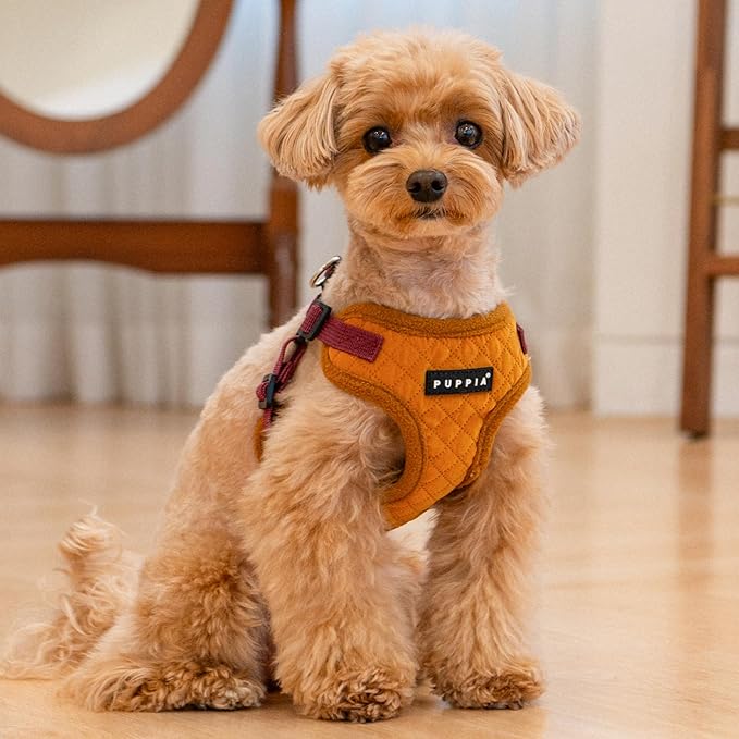 Puppia Irvin Comfort Dog Harness Step-in Warm Winter Diamond Pattern Adjustable Neck and Chest for Small and Medium Dog, Mustard, Medium