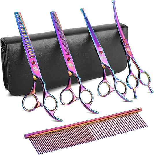 7" Multicolour Dog Grooming Kit - Premium Japanese 440C Stainless Steel Straight Scissors, Thinning Shears, Curved Scissors, Chunker Shears with Steel Comb