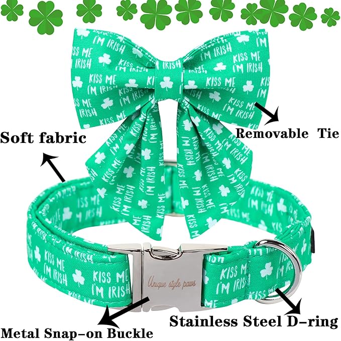 Unique Style Paws St. Patrick's Day Dog Collar with Bow Green Clover Dog Collar Bowtie Bowtie Collar for Large Medium Small Dogs