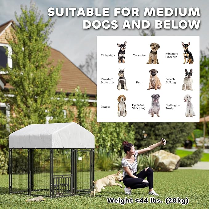PawHut 3.9' x 3.9' x 4.5' Outdoor Dog Kennel, Welded Wire Heavy Duty Dog Run with 360° Rotating & 4 Level Adjustable Bowls, Dog Kennel Outside with Waterproof & UV Resistant Cover, for S&M Dogs