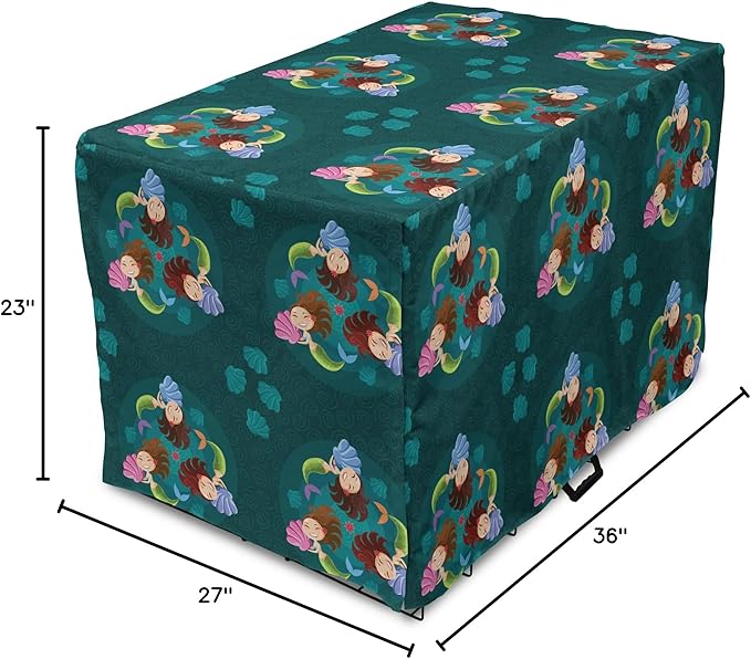 Lunarable Mermaid Dog Crate Cover, Smiling Happy Cheerful Mermaids with Seashells Scallops Exotic Waters Spirals, Easy to Use Pet Kennel Cover for Medium Large Dogs, 36 Inch, Teal Multicolor