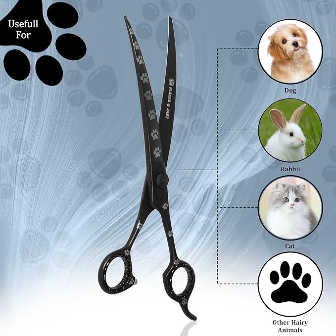 Professional Dog Grooming Scissors/Shears, Curved, with Paw Prints for Dogs, Cats & Pets (Right Handed, Black, Stainless Steel 8 Inch)
