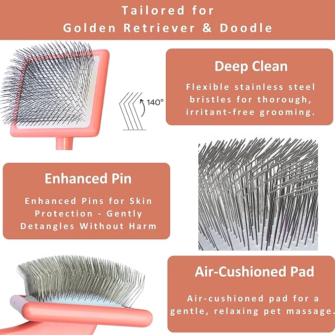 2-in-1 Dog Slicker Brush & Comb for Golden Retriever & Doodle - Easy Detangling & Deshedding, Tailored for Matted Coats of Long Curly Haired Doodle Mixes - Effortless Tangle-Free Grooming